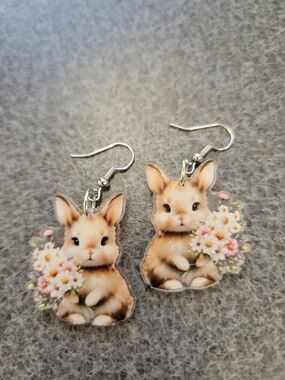 Cute Bunny Floral Drop Earrings - Beige Rabbit Earrings